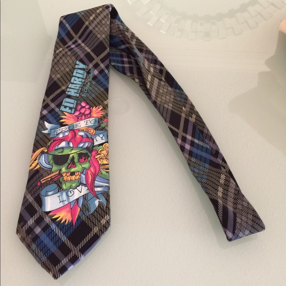 Rare designer Ed Hardy Tie skull plaid vintage Tie - Picture 1 of 7